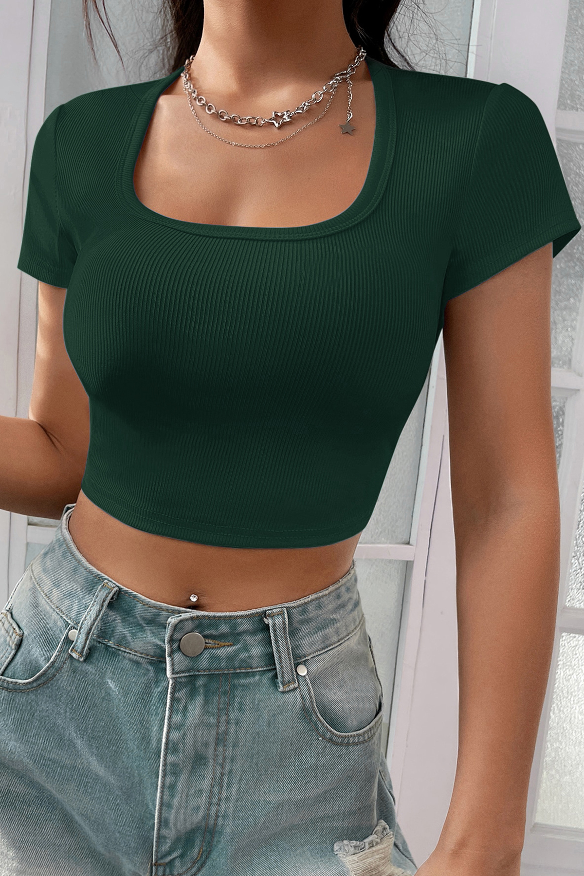 Kadın Yeşil Yarım Kol Düz Yaka Crop Top Bluz