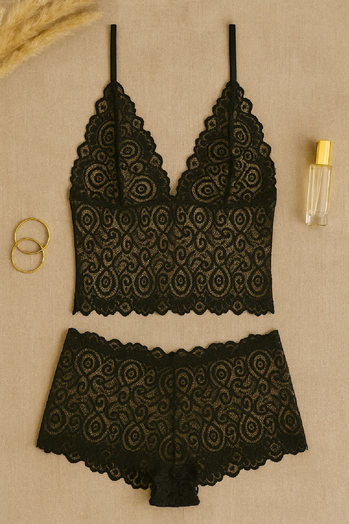 Dantel Sütyen Takımı V Yaka Siyah