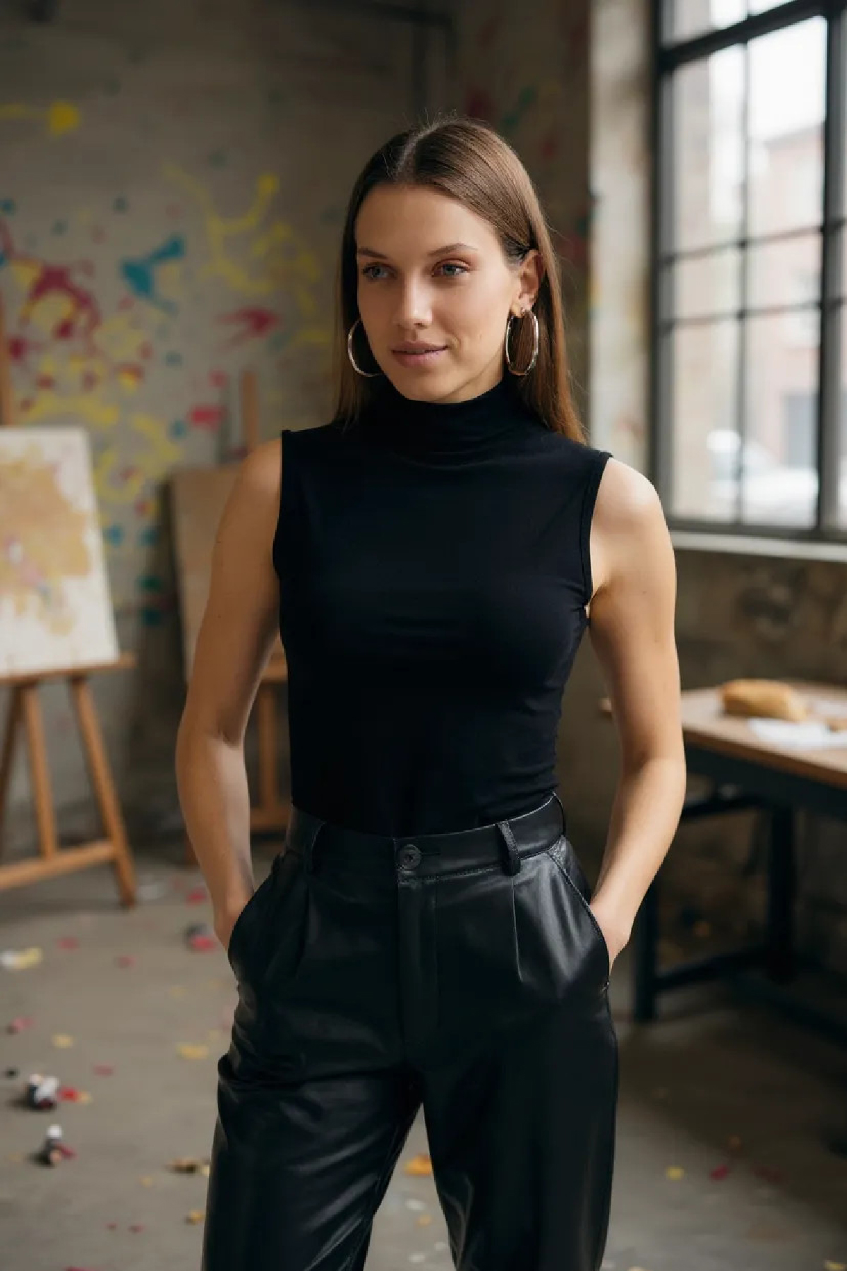 Body Bluz Siyah Kolsuz - Viskonlu Balıkçı Yaka