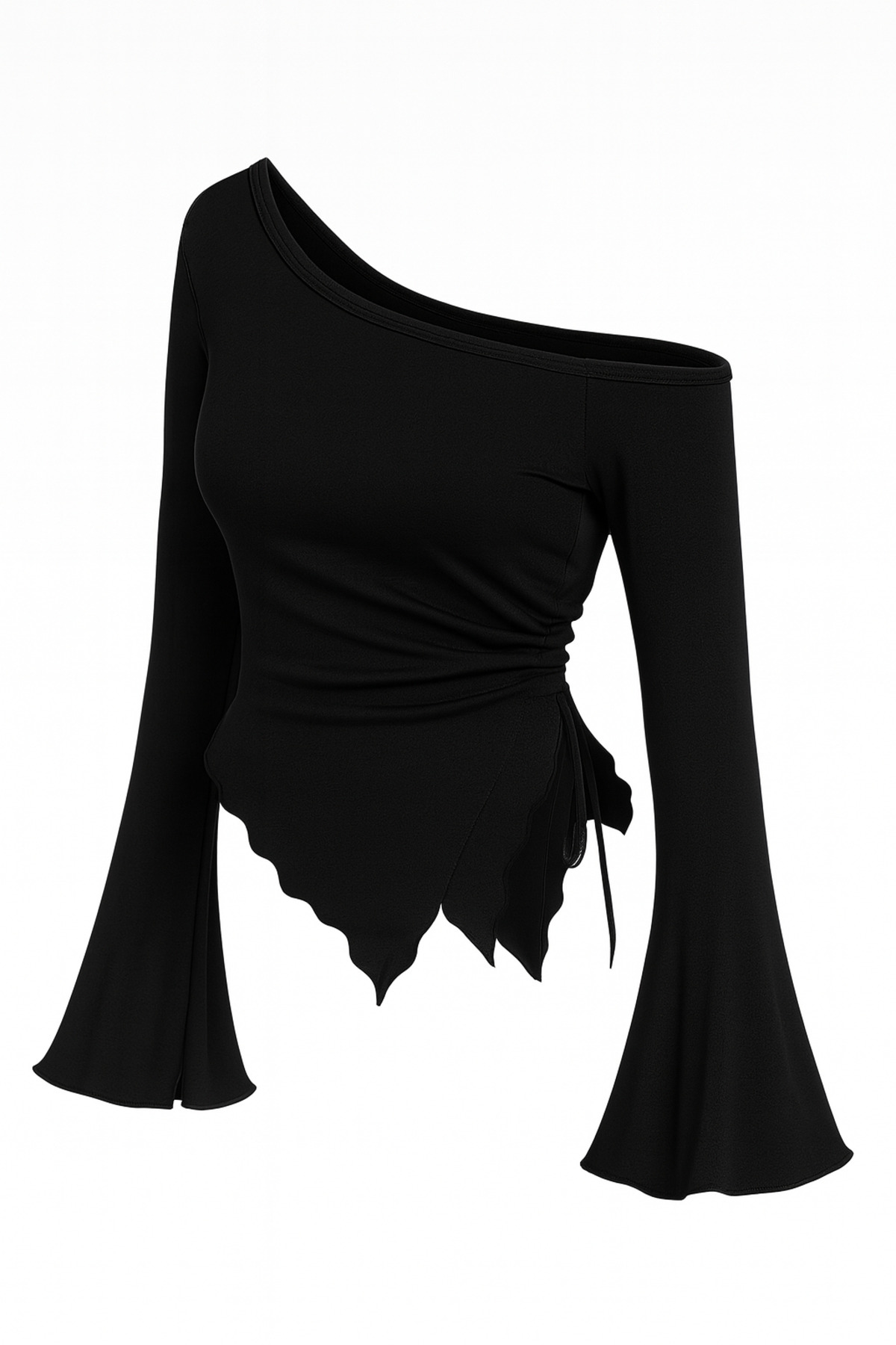 Bluz Siyah Asimetrik Drapeli Uzun Kollu