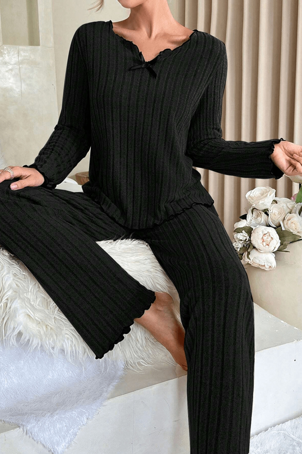 Pijama Takımı | Ribana Uzun Kollu - Siyah