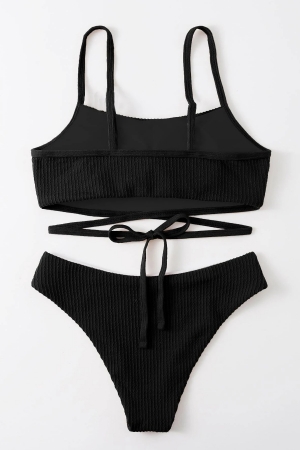 Kadın Siyah Çapraz Bağlama Detaylı Yüksek Bel Bikini Takımı