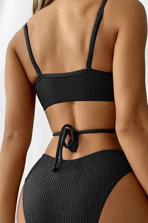 Kadın Siyah Çapraz Bağlama Detaylı Yüksek Bel Bikini Takımı