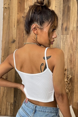Kadın Beyaz Yanlardan Bağlamalı Bel Dekolteli Crop Top Bluz