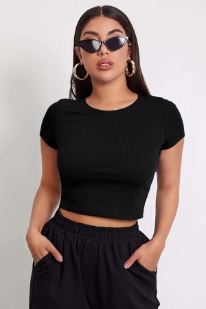 Kadın Siyah Yuvarlak Yaka Yarım Kol Crop Top Bluz