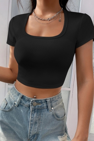 Kadın Siyah Yarım Kol Düz Yaka Crop Top Bluz