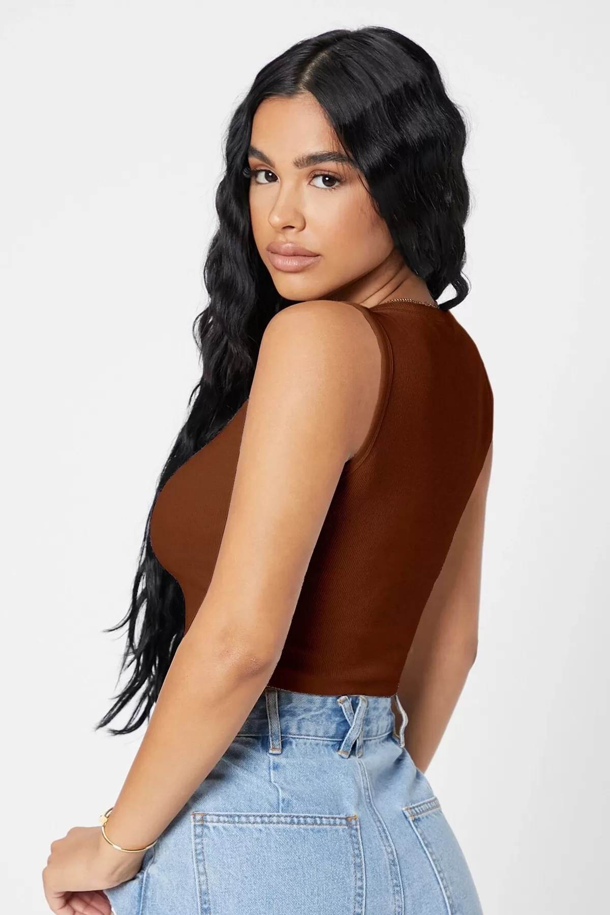 Kadın Kahverengi Kare Yaka Crop Top Bluz
