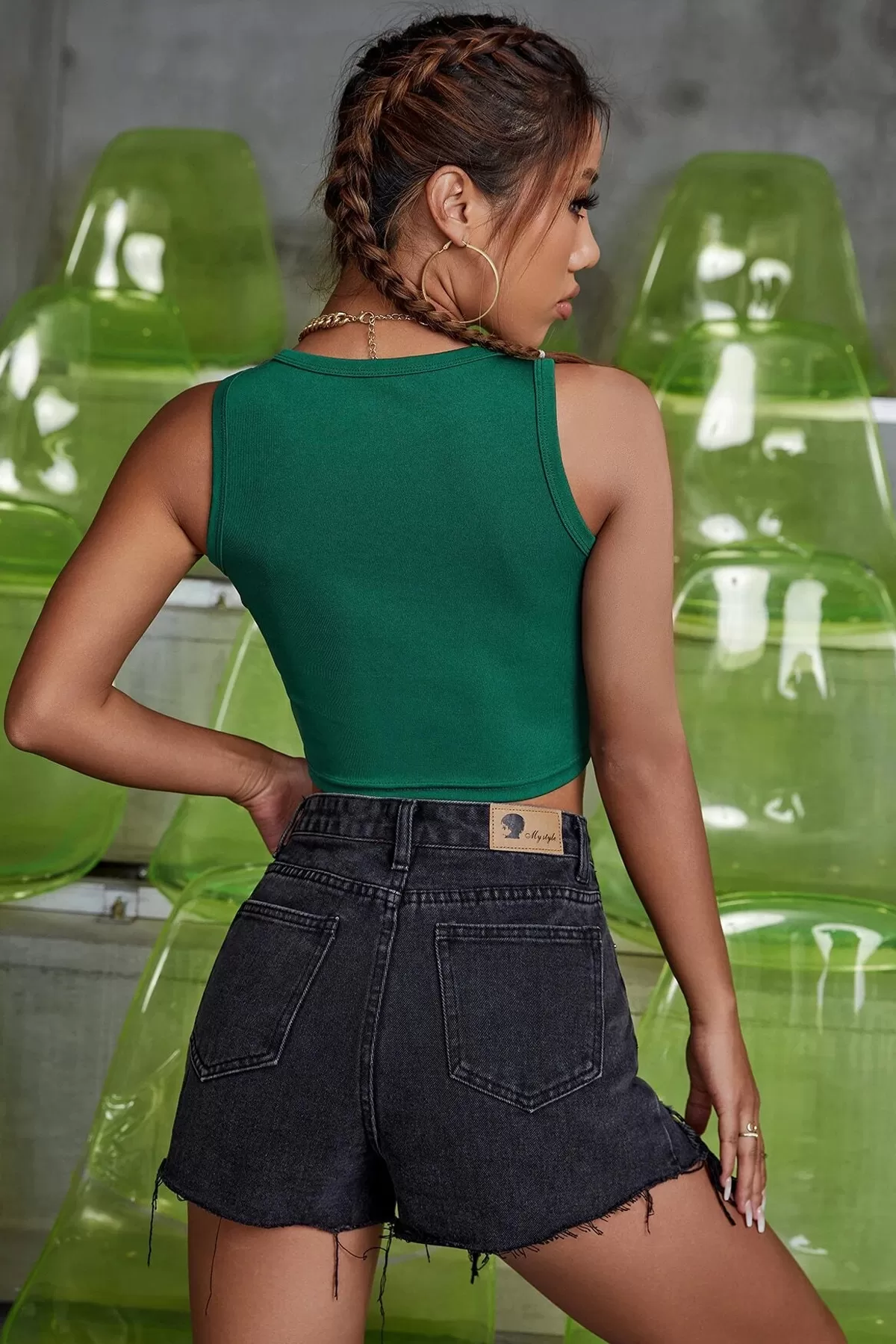 Kadın Yeşil Kare Yaka Crop Top Bluz
