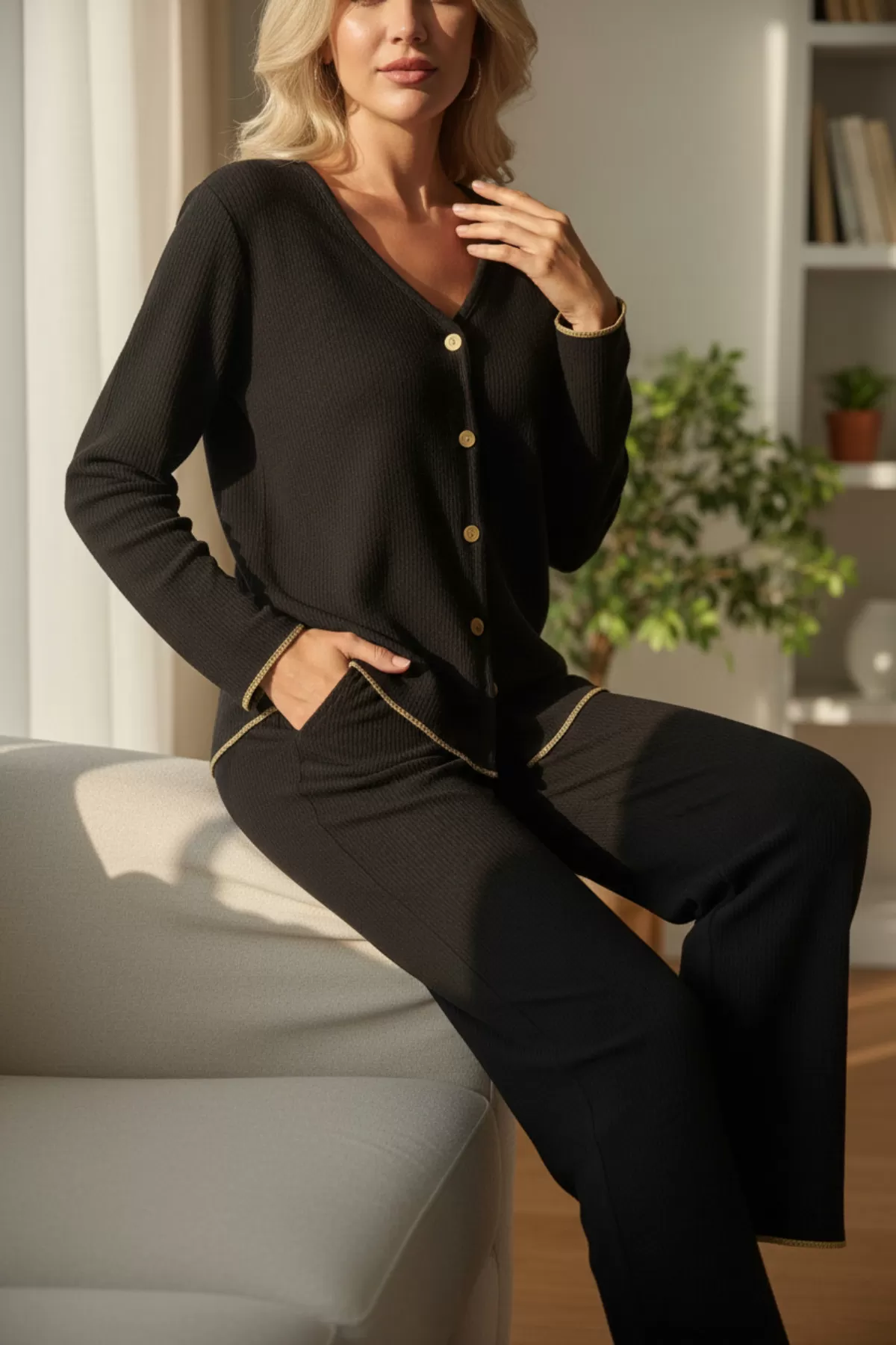 Premium Kadın Fitilli Pijama Takımı – Siyah Gold Biye Detaylı, Yumuşak Dokulu Ev Şıklığı