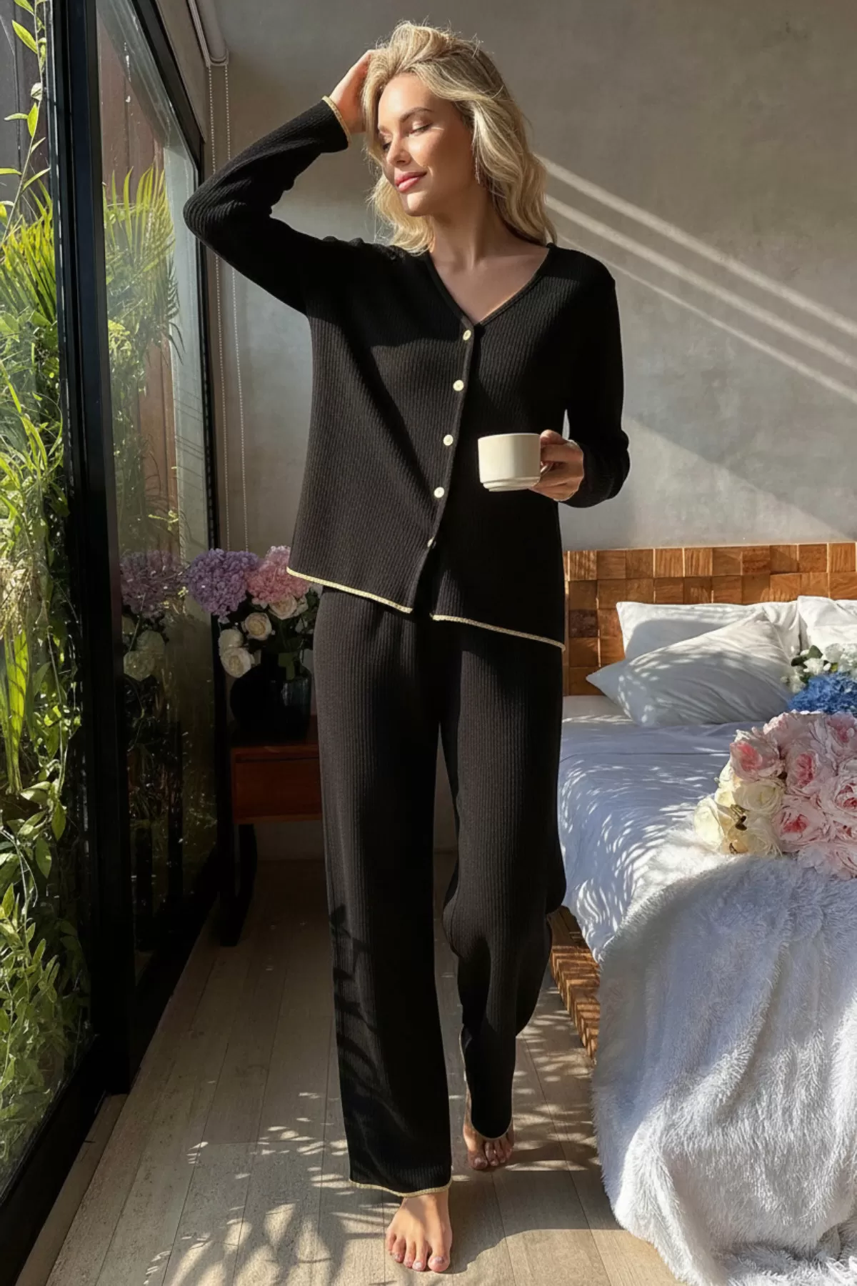 Premium Kadın Fitilli Pijama Takımı – Siyah Gold Biye Detaylı, Yumuşak Dokulu Ev Şıklığı