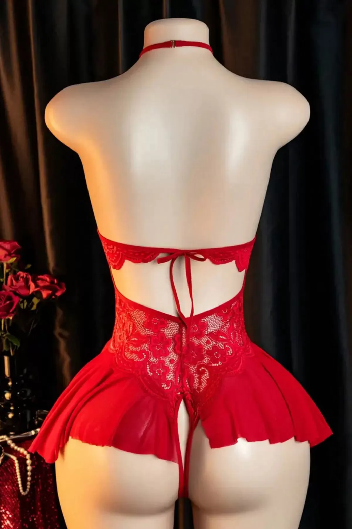 Kadın Kırmızı Dantel ve Tül Detaylı Derin V Yaka Teddy Gecelik