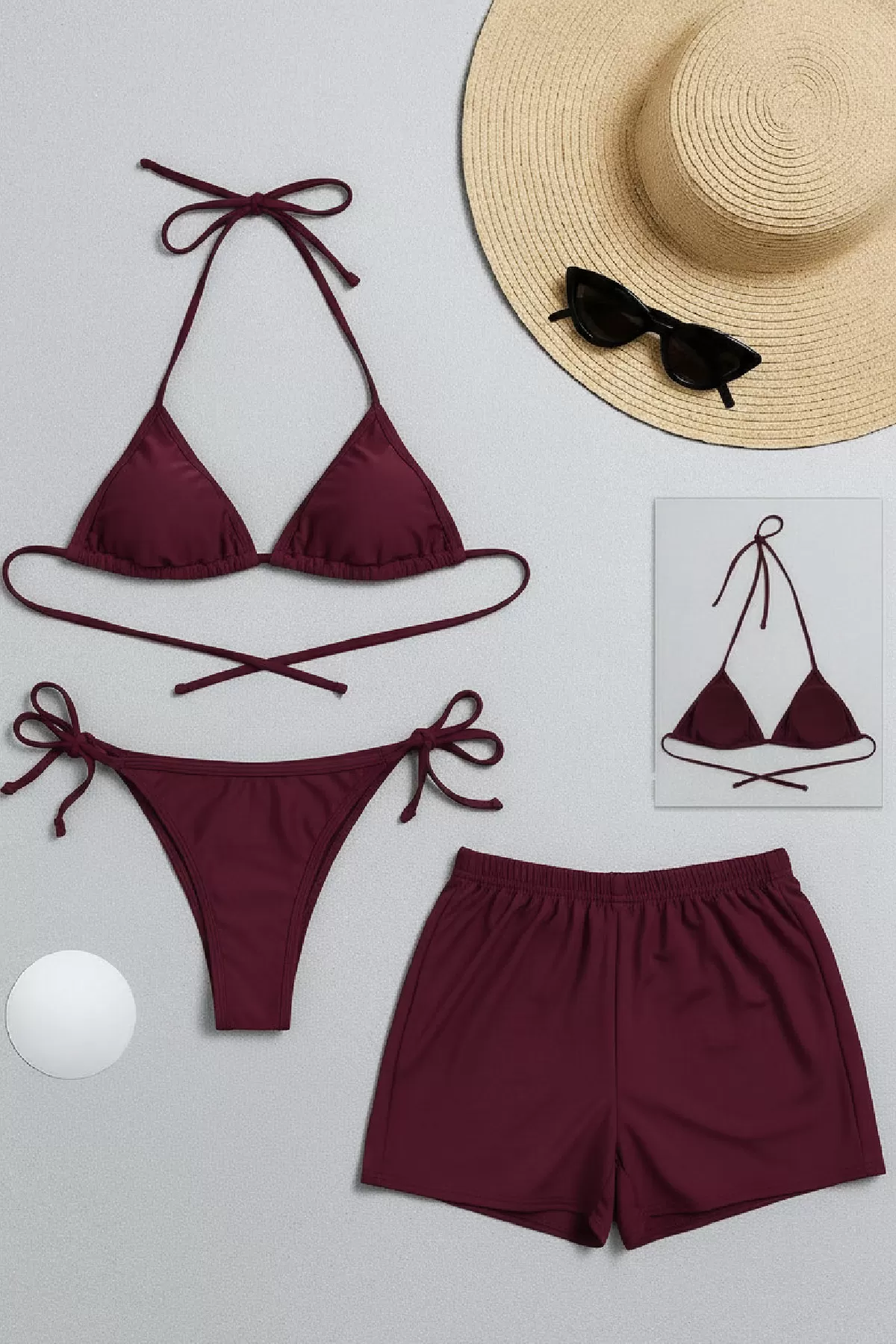Kadın 3'lü Set Bordo Şortlu ve Yandan Bağlamalı Bikini Mayo Takımı