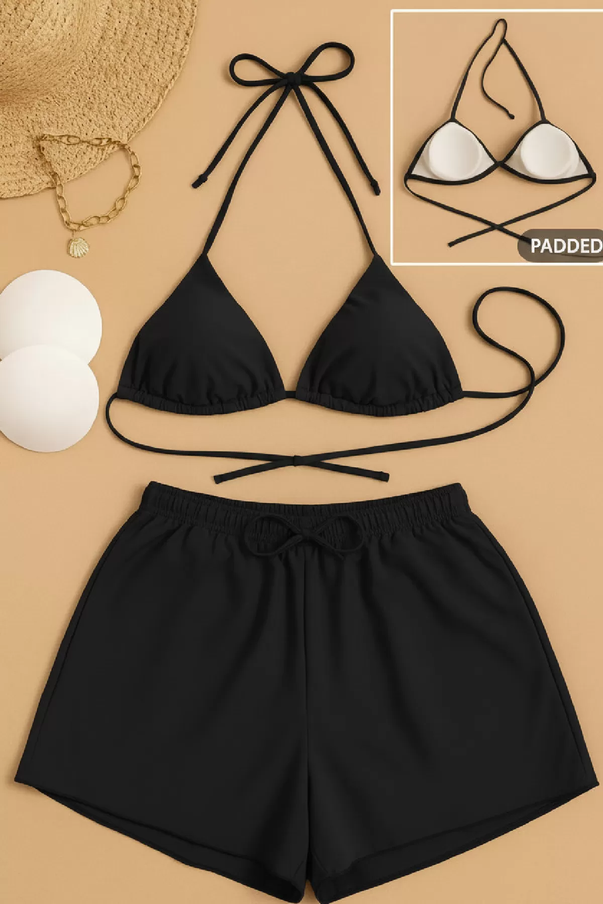 Kadın 3'lü Set Siyah Şortlu ve Yandan Bağlamalı Bikini Mayo Takımı