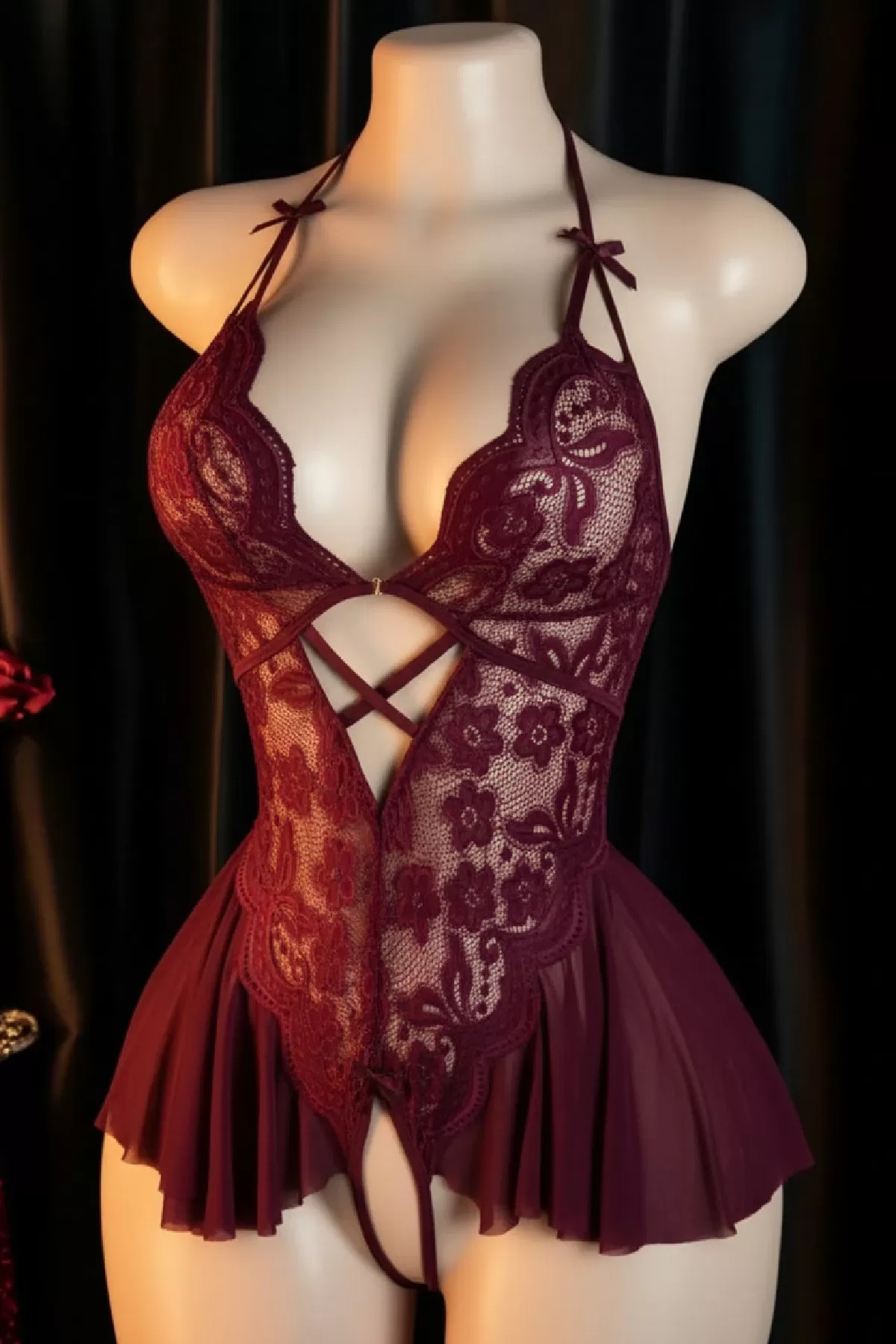 Kadın Bordo Dantel ve Tül Detaylı Derin V Yaka Teddy Gecelik