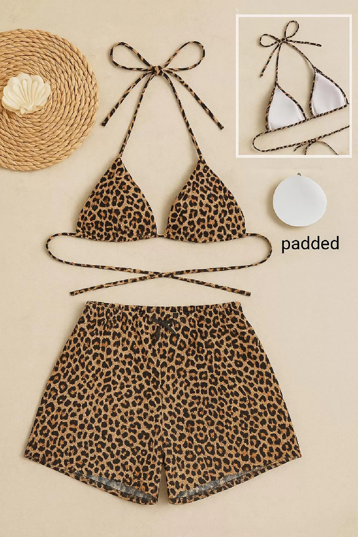 Kadın Leopar Desenli Şortlu Belden ve Boyundan Bağlamalı Bikini Takımı