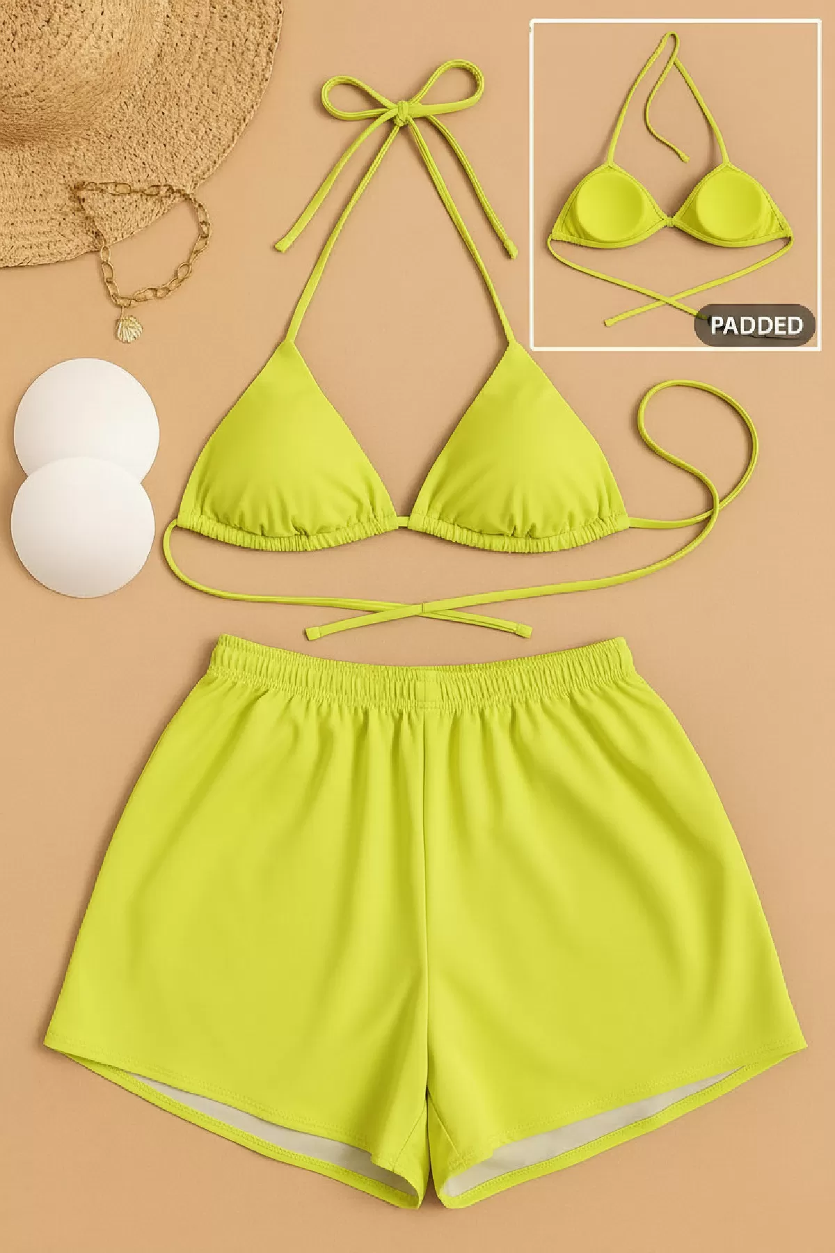 Kadın 3'lü Set Fosforlu Şortlu ve Yandan Bağlamalı Bikini Mayo Takımı