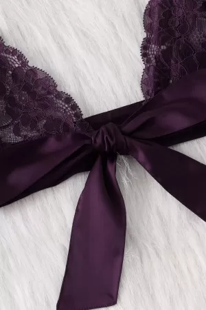 Kadın Mor Dantelli & Kurdelalı Sütyen Külot Takımı