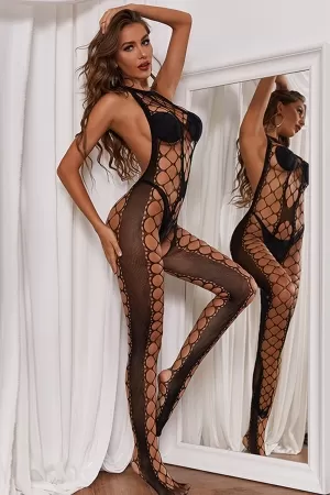 Kadın Siyah Geniş File Detaylı Seksi Fantezi Vücut Çorabı