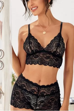 Kadın Siyah Şortlu Dantel Bralet Takım