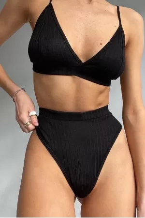 Kadın Siyah Yüksek Bel Dolgusuz Slip Takım