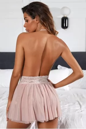 Kadın Pembe Beli Dantelli Ve Sırt Dekolteli Özel Gecelik