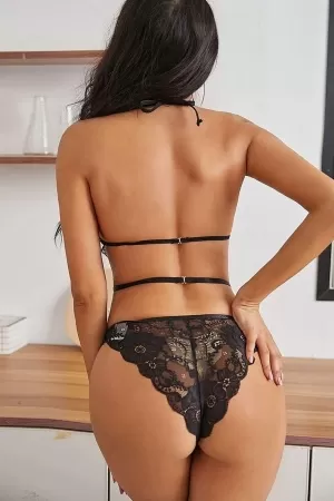 Kadın Siyah Dantel Çapraz İpli Bralet Sütyen Takım