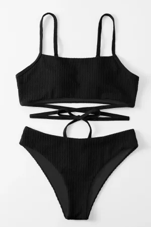 Kadın Siyah Çapraz Bağlama Detaylı Yüksek Bel Bikini Takımı