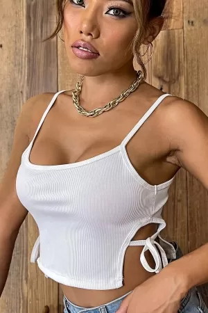Kadın Beyaz Yanlardan Bağlamalı Bel Dekolteli Crop Top Bluz