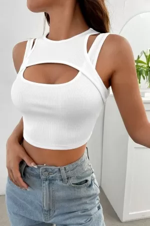 Kadın Beyaz Kalın Askılı Cut Out Dekolteli Crop Top Bluz