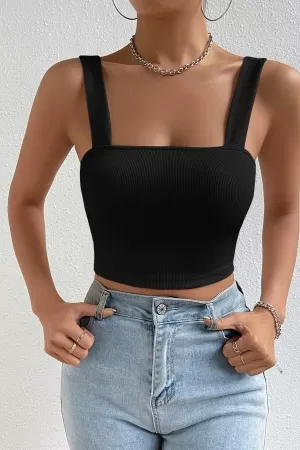 Kadın Siyah Kare Yaka Kalın Askılı Dekolteli Crop Top Bluz