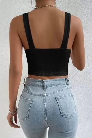 Kadın Siyah Kare Yaka Kalın Askılı Dekolteli Crop Top Bluz