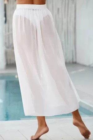 Kadın Beyaz Yırtmaçlı Tül Pareo Etek Plaj Elbisesi