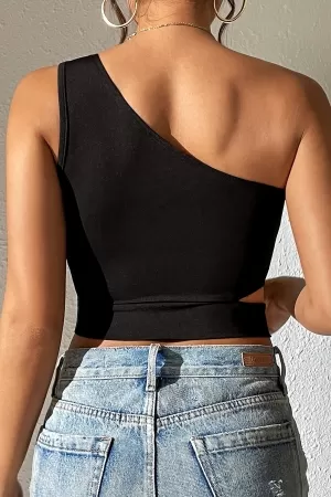 Kadın Siyah Tek Kol Cut Out Göbek Dekolteli Crop Top Bluz