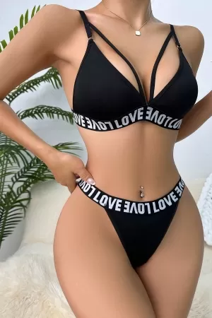 Kadın Siyah Love Yazı Detaylı Harness İç Çamaşır Takımı