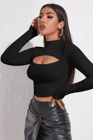 Kadın Siyah Göğüs Dekolteli Uzun Kollu Cut Out Crop Top Bluz