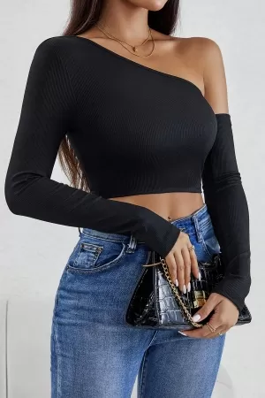 Kadın Siyah Tek Omuz Detaylı Uzun Kol Crop Top Bluz