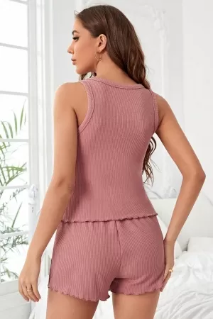 Kadın Tozlu Pembe Kenarları Fırfırlı Şortlu Kaşkorse Gecelik Takımı