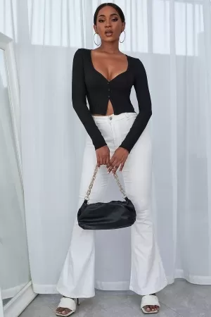 Kadın Siyah Uzun Kollu Düğmeli Göğüs ve Göbek Dekolteli Crop Top Bluz