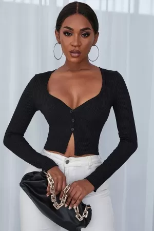 Kadın Siyah Uzun Kollu Düğmeli Göğüs ve Göbek Dekolteli Crop Top Bluz