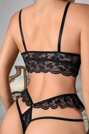 Kadın Siyah Beli Dantel Detaylı Tanga Külotlu Çamaşır Takımı