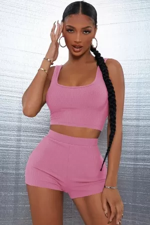 Kadın Pembe Şortlu Crop Top Gecelik Takım