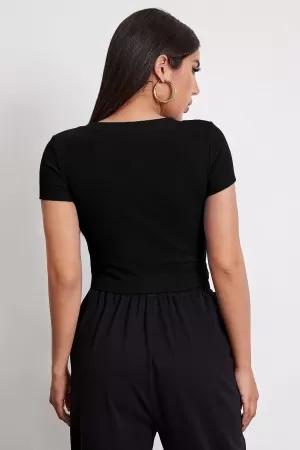 Kadın Siyah Yuvarlak Yaka Yarım Kol Crop Top Bluz
