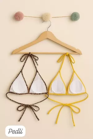Kadın Leopar Desenli ve Sarı Minimal Kesim Üçgen Bikini Üstü
