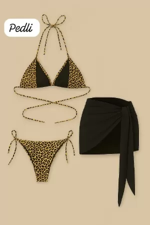 Kadın Siyah ve Leopar Desenli Pareolu 3'lü Bikini Takımı