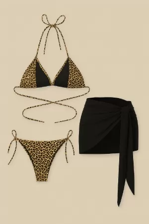 Kadın Siyah ve Leopar Desenli Pareolu 3'lü Bikini Takımı