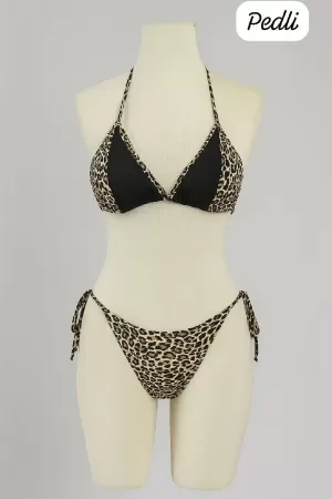 Kadın Siyah ve Leopar Detaylı Yandan Bağlamalı Bikini Takımı