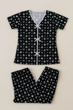 Kadın Siyah Beyaz Kalp Desenli Fiyonklu Kısa Kollu Pijama Takımı