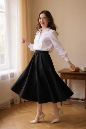 Kadın Siyah Double Kumaş Beli Lastikli Cepli Etek