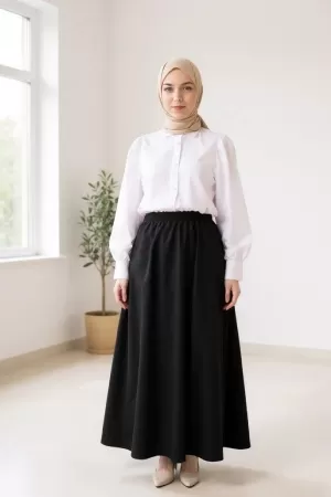 Kadın Siyah Double Kumaş Beli Lastikli Cepli Etek
