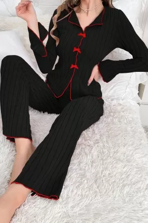 Kadın Siyah Kırmızı Biyeli ve Fiyonklu Uzun Kollu Mevsimlik Pijama Takımı